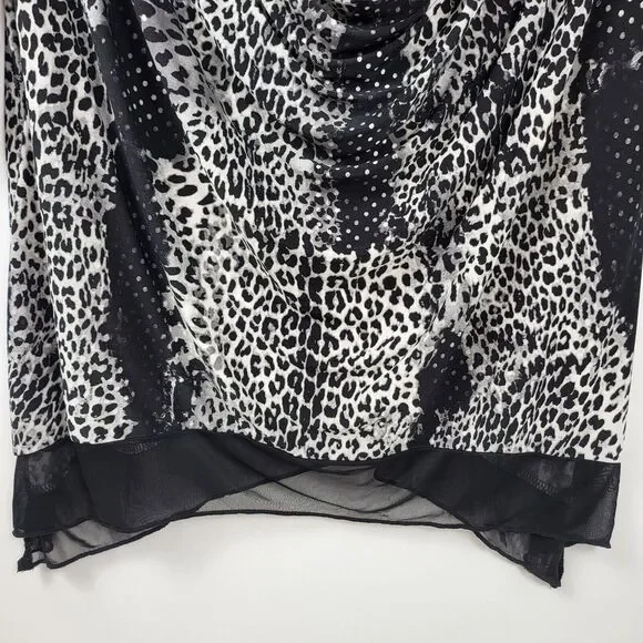 Suzie in the City Blouse Women 1X Black White Leopard print Cowl Neck Layered - Picture 4 of 9